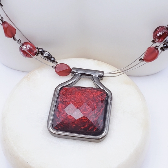 Ruby Red Gem Pendant with Ruby and Gunmetal Floating Beads Necklace - Picture 6 of 8